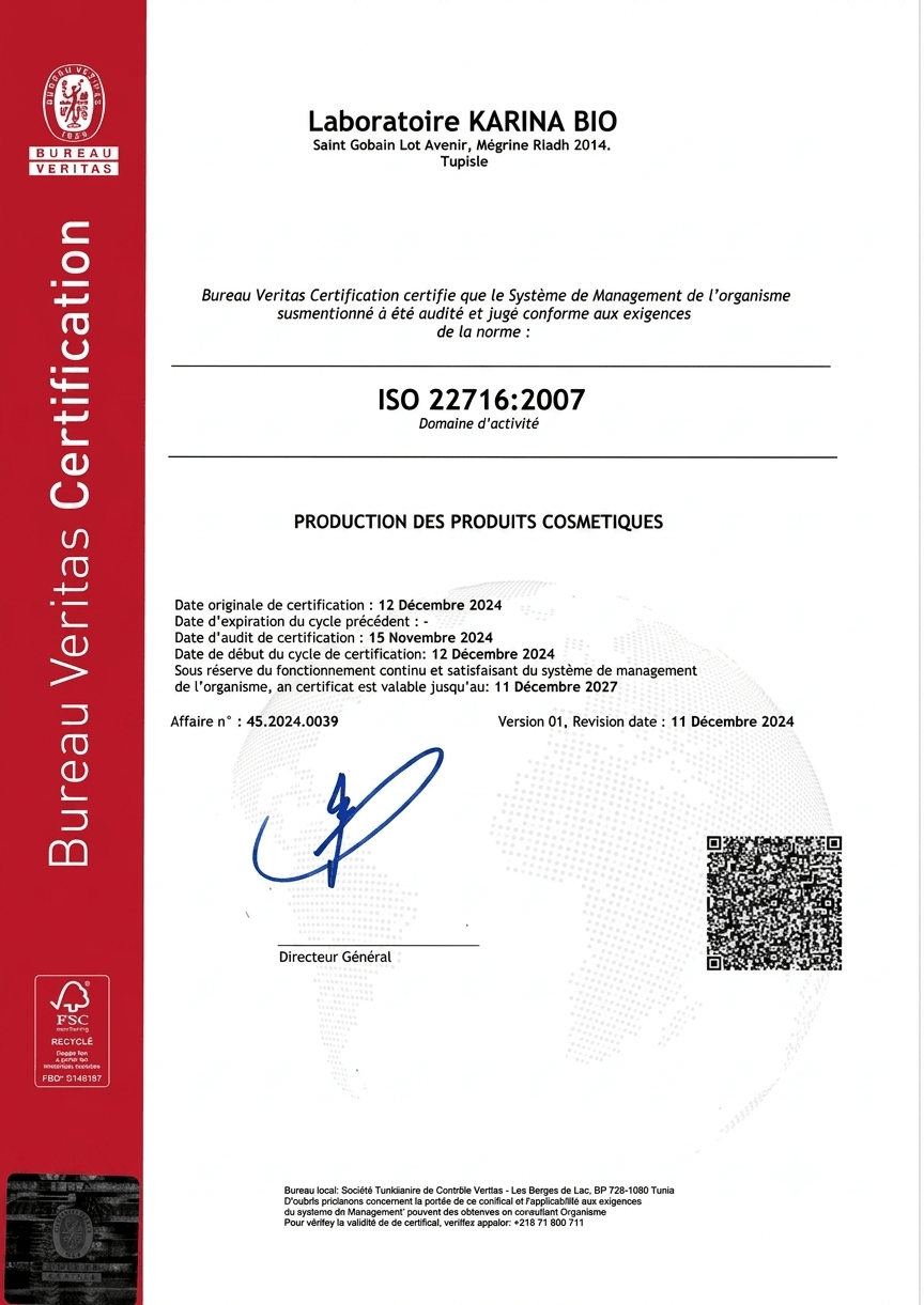 Certificat ISO 22716:2007 délivré au Laboratoire Karina Bio par Bureau Veritas Certification